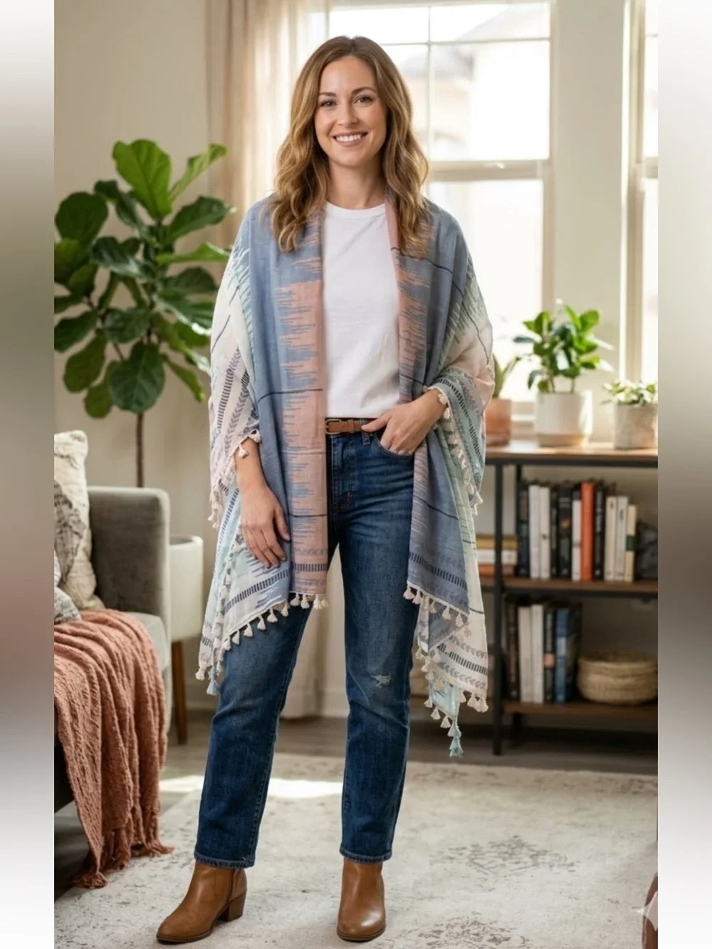 Caslon Linen-Blend Oversized Wrap with Tassels Pink Combo New